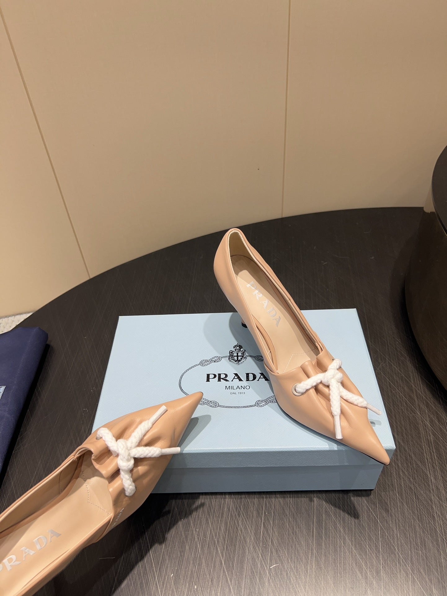 PRADA 25S POINTED TOE HIGH HEELS 85MM IN BEIGE LAMBSKIN WITH TIE UP DESIGN - 35