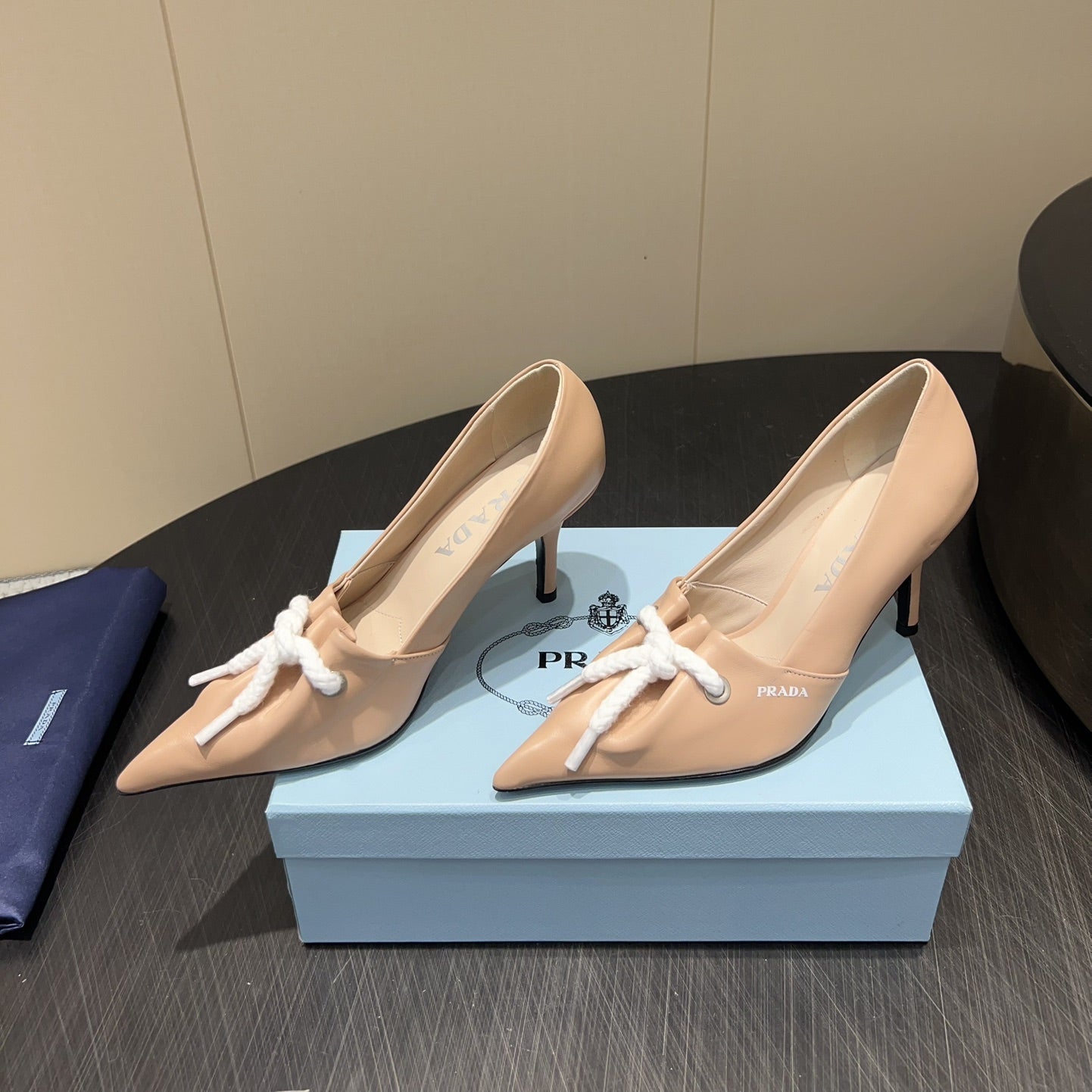 PRADA 25S POINTED TOE HIGH HEELS 85MM IN BEIGE LAMBSKIN WITH TIE UP DESIGN - 35