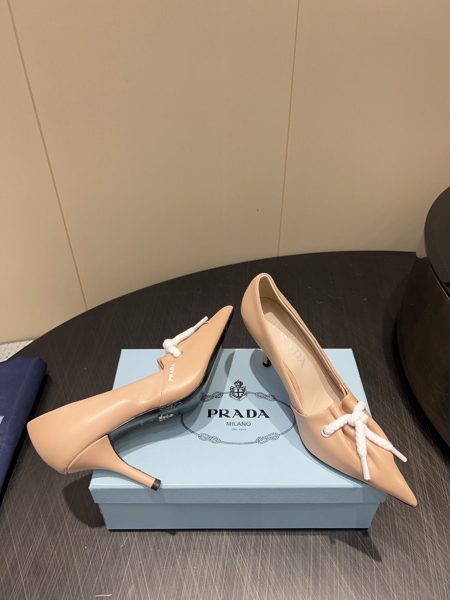 PRADA 25S POINTED TOE HIGH HEELS 85MM IN BEIGE LAMBSKIN WITH TIE UP DESIGN - 35