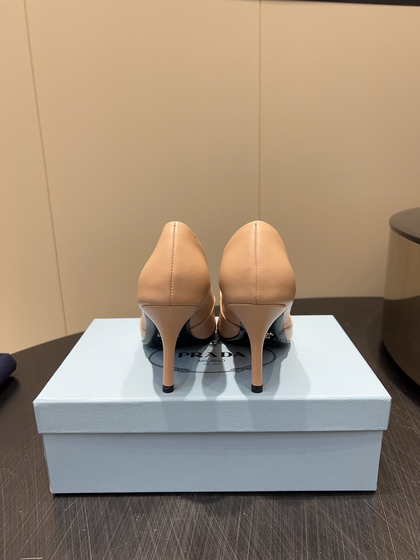 PRADA 25S POINTED TOE HIGH HEELS 85MM IN BEIGE LAMBSKIN WITH TIE UP DESIGN - 35