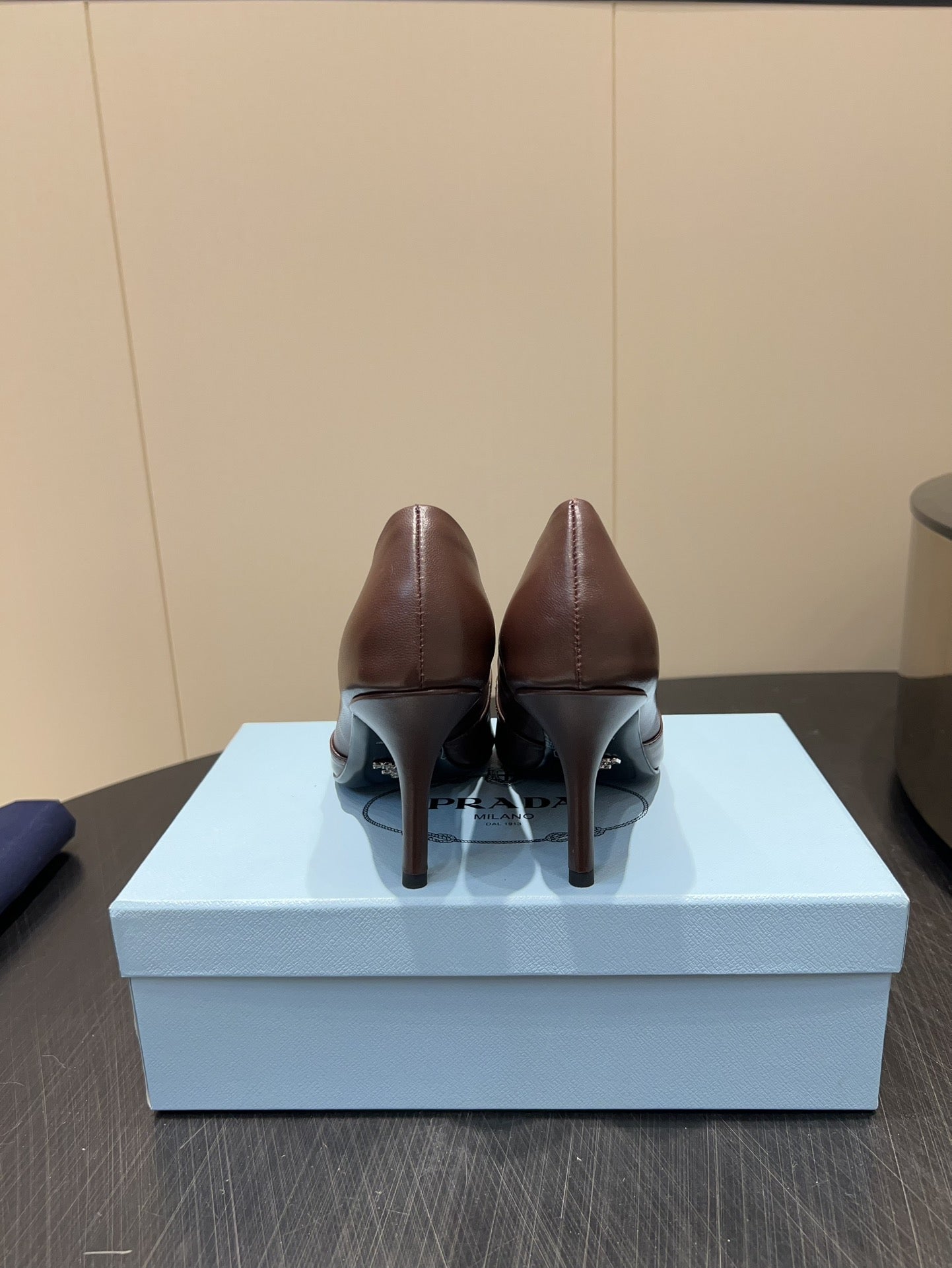 PRADA 25S POINTED TOE HIGH HEELS 85MM IN DARK BROWN LAMBSKIN WITH TIE UP DESIGN - 35
