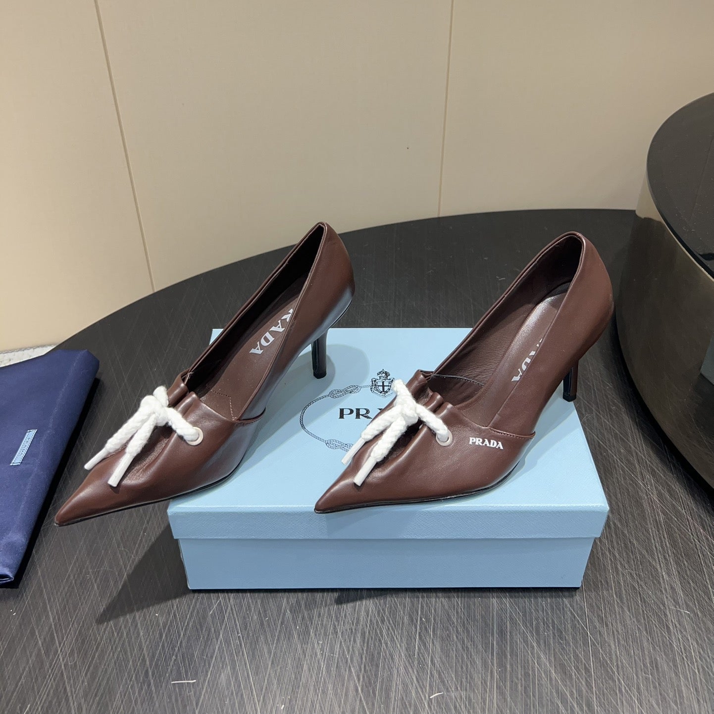 PRADA 25S POINTED TOE HIGH HEELS 85MM IN DARK BROWN LAMBSKIN WITH TIE UP DESIGN - 35