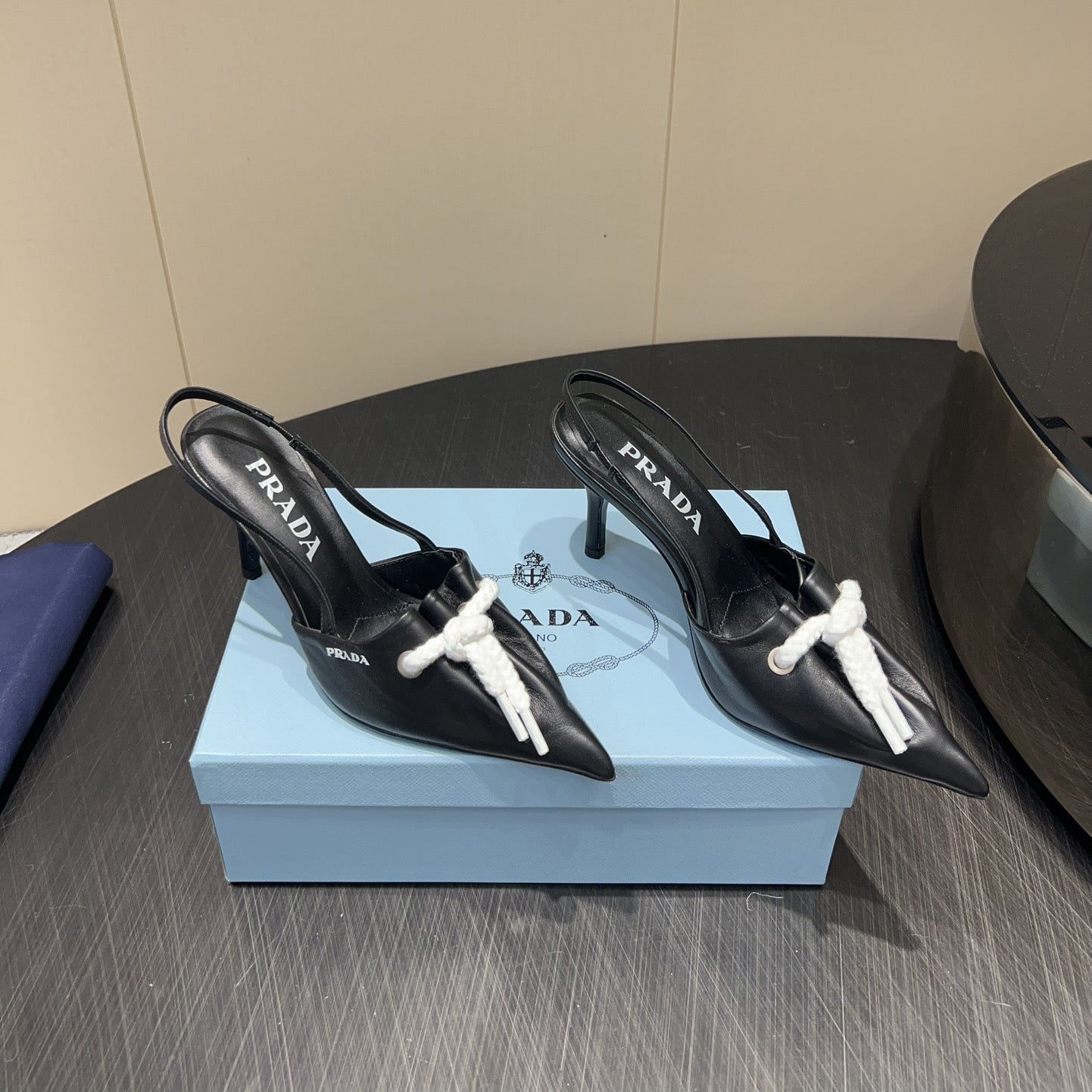 PRADA 25S POINTED TOE SLINGBACK 85MM IN BLACK LAMBSKIN WITH TIE UP DESIGN - 35