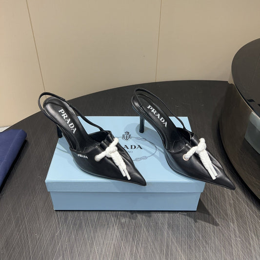 PRADA 25S POINTED TOE SLINGBACK 85MM IN BLACK LAMBSKIN WITH TIE UP DESIGN - 35