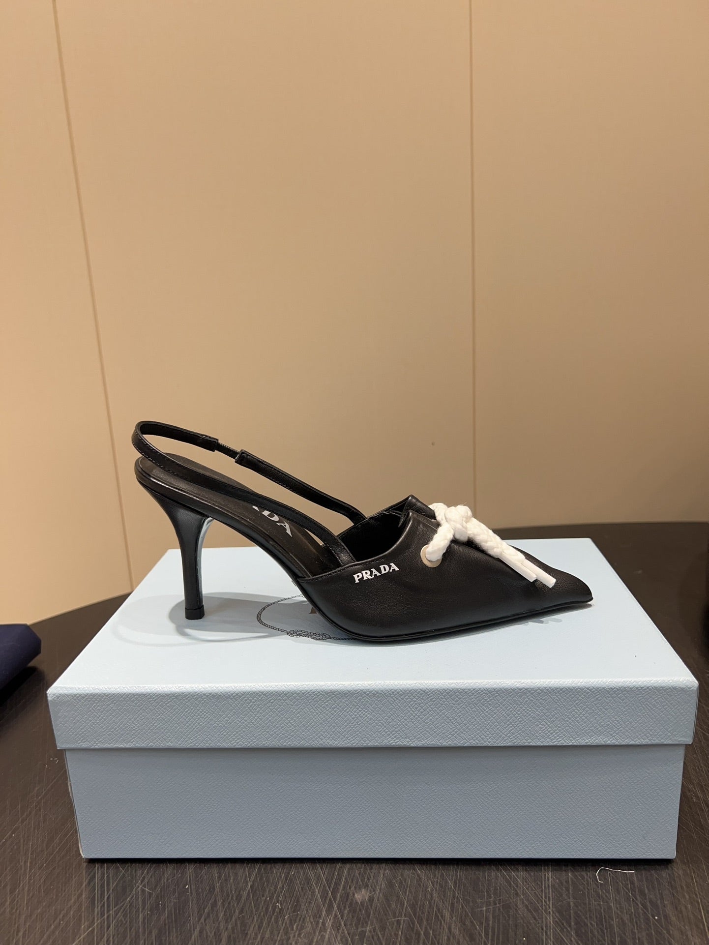 PRADA 25S POINTED TOE SLINGBACK 85MM IN BLACK LAMBSKIN WITH TIE UP DESIGN - 35