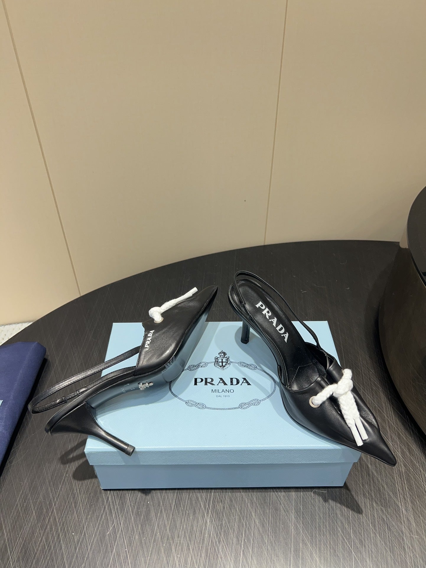 PRADA 25S POINTED TOE SLINGBACK 85MM IN BLACK LAMBSKIN WITH TIE UP DESIGN - 35