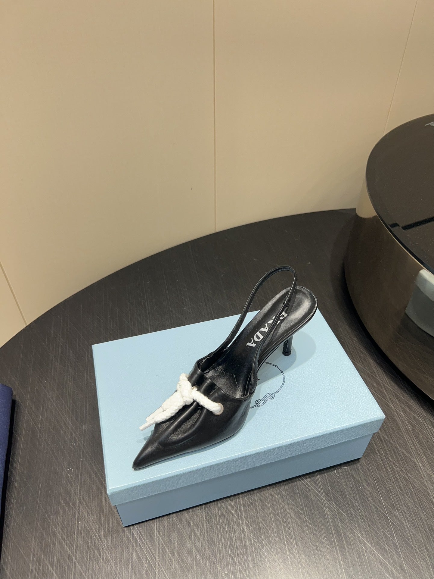 PRADA 25S POINTED TOE SLINGBACK 85MM IN BLACK LAMBSKIN WITH TIE UP DESIGN - 35