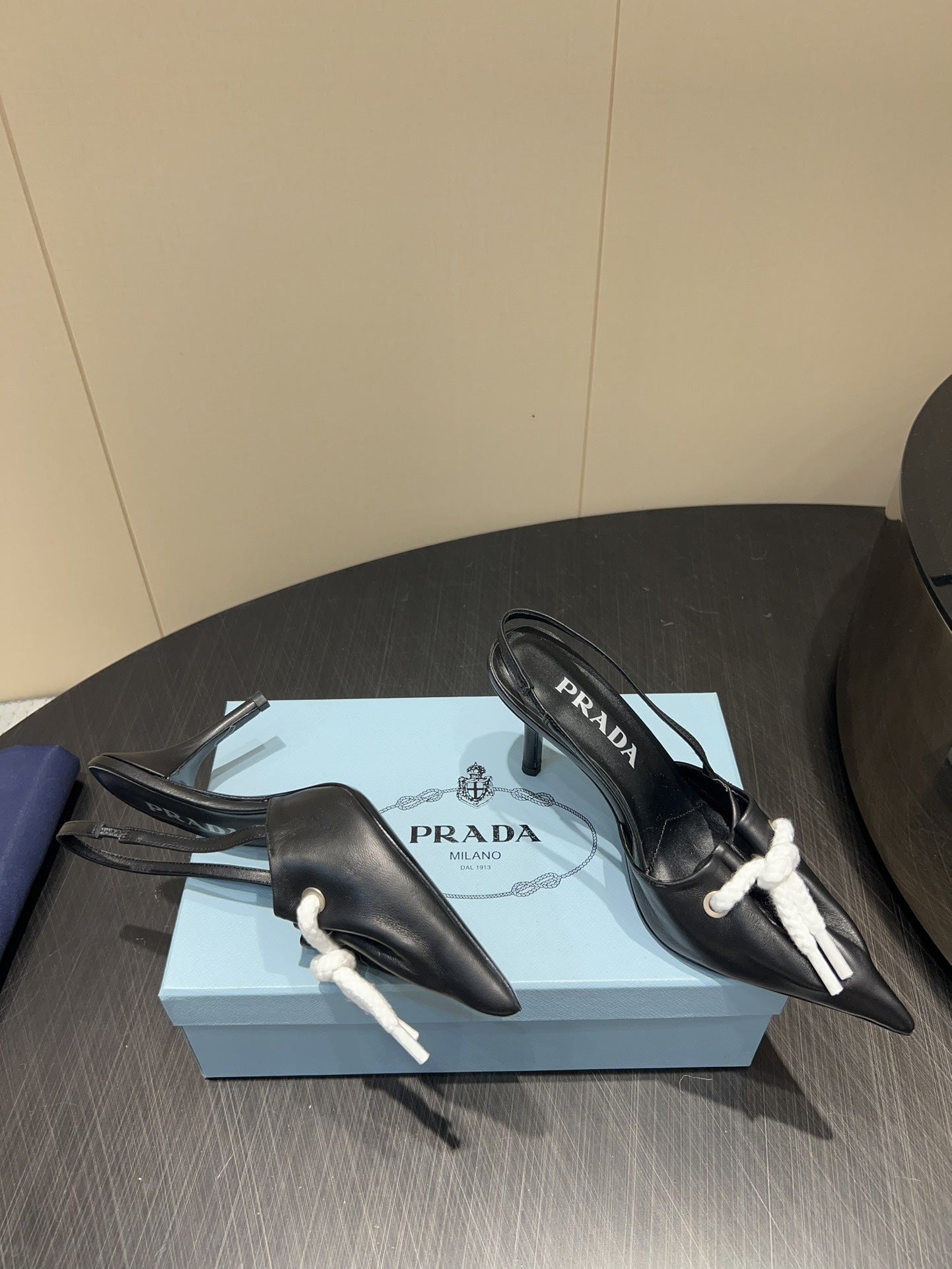 PRADA 25S POINTED TOE SLINGBACK 85MM IN BLACK LAMBSKIN WITH TIE UP DESIGN - 35