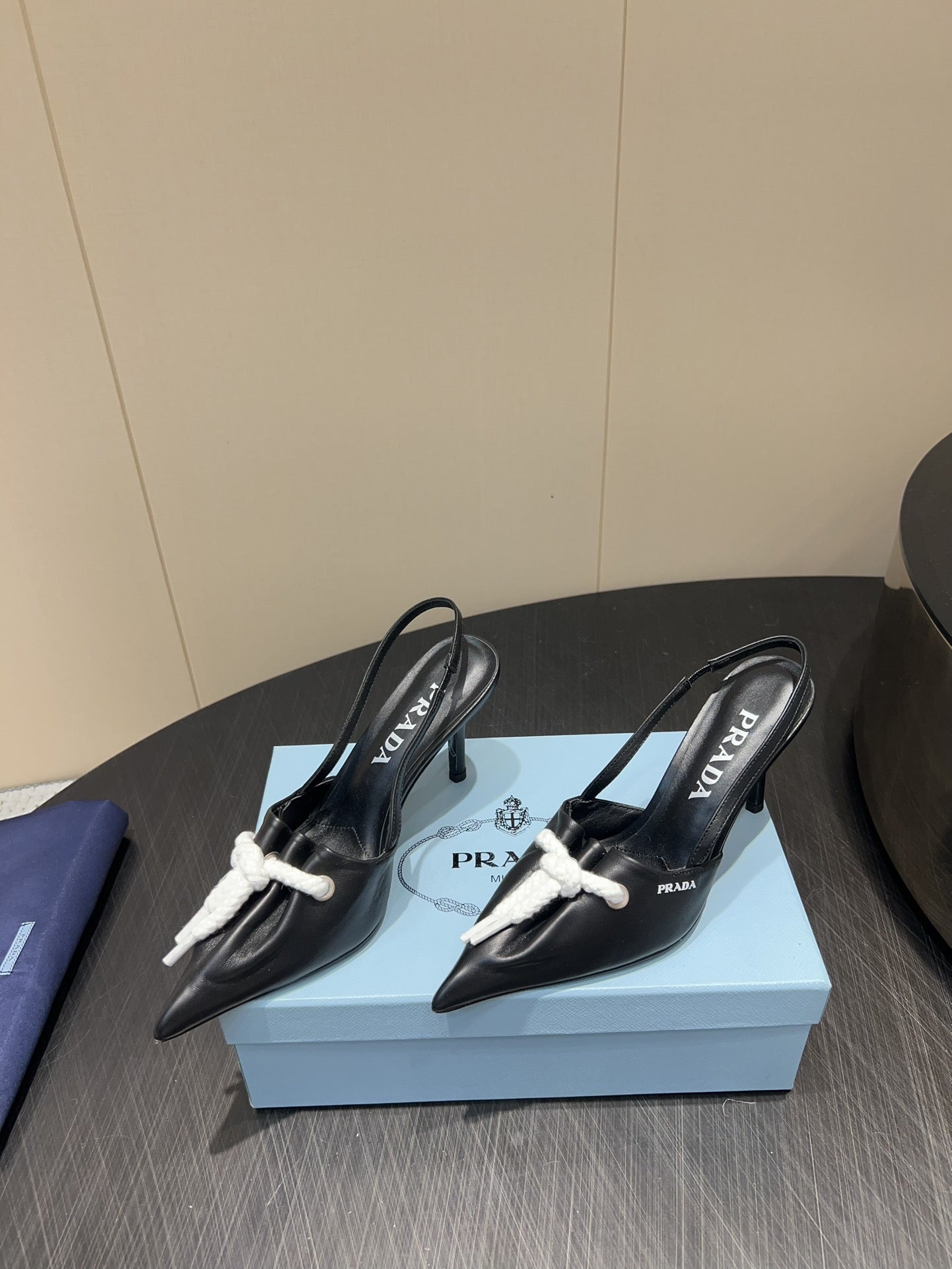 PRADA 25S POINTED TOE SLINGBACK 85MM IN BLACK LAMBSKIN WITH TIE UP DESIGN - 35