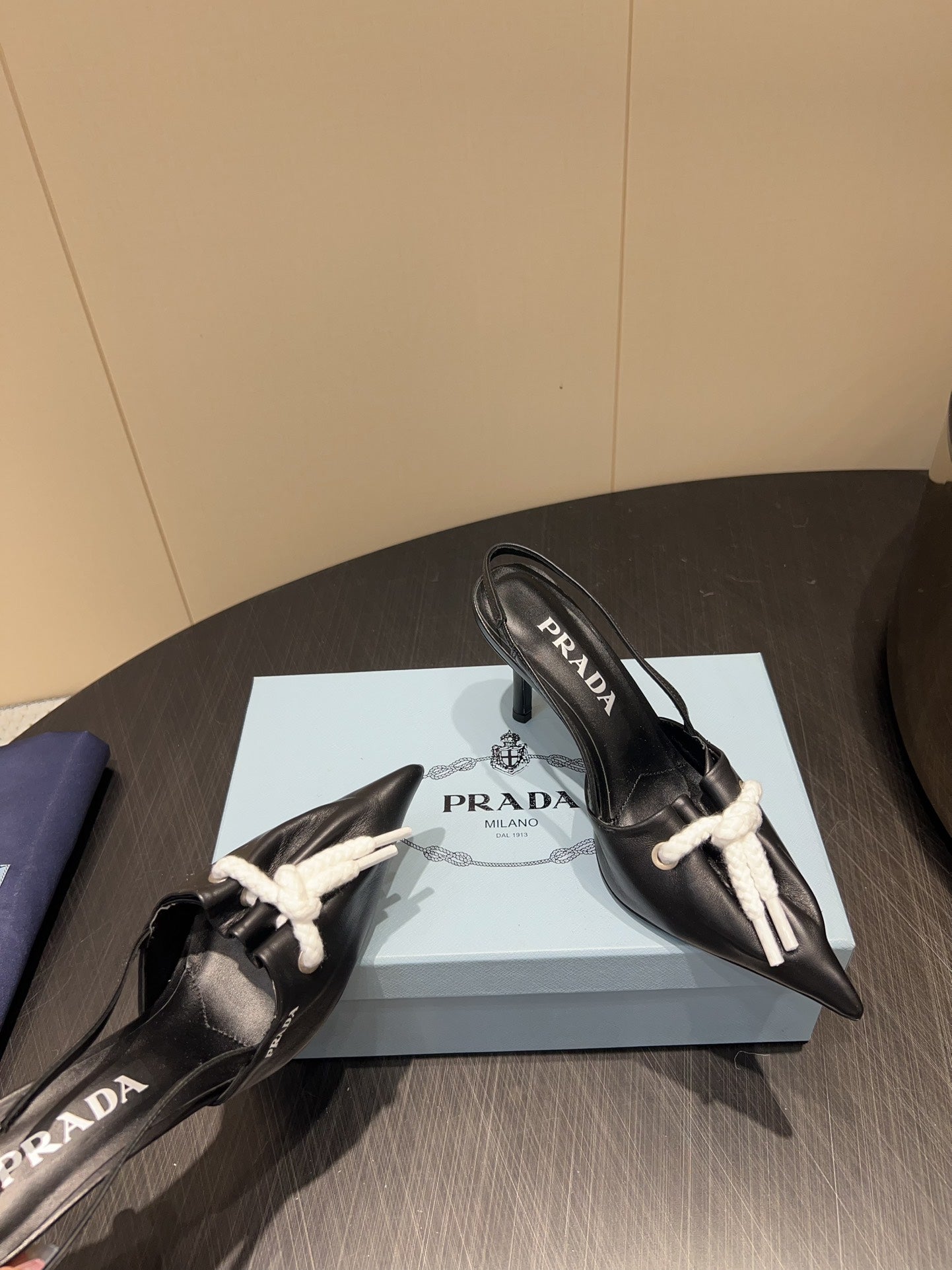 PRADA 25S POINTED TOE SLINGBACK 85MM IN BLACK LAMBSKIN WITH TIE UP DESIGN - 35