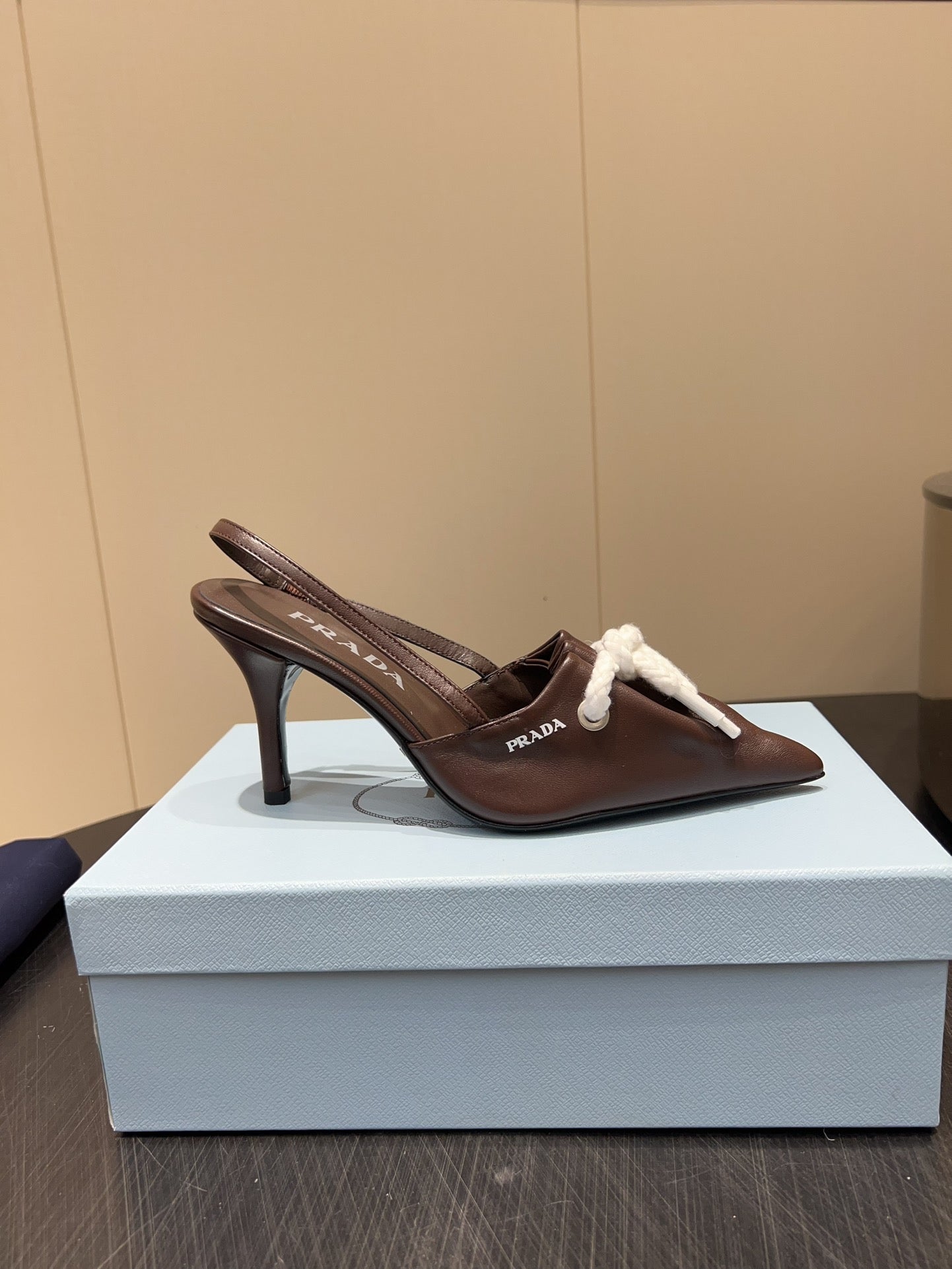 PRADA 25S POINTED TOE SLINGBACK 85MM IN DARK BROWN LAMBSKIN WITH TIE UP DESIGN - 35