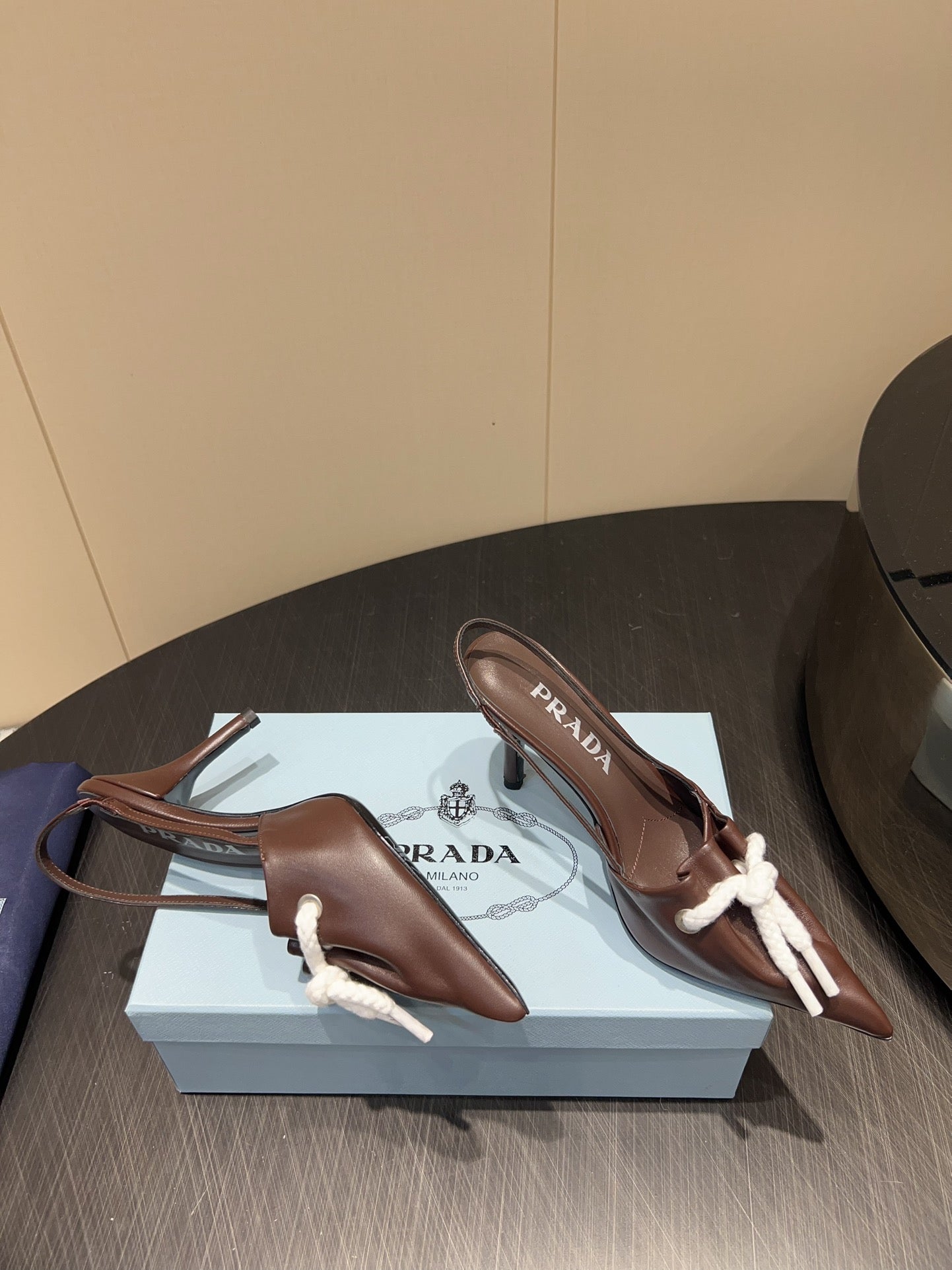 PRADA 25S POINTED TOE SLINGBACK 85MM IN DARK BROWN LAMBSKIN WITH TIE UP DESIGN - 35
