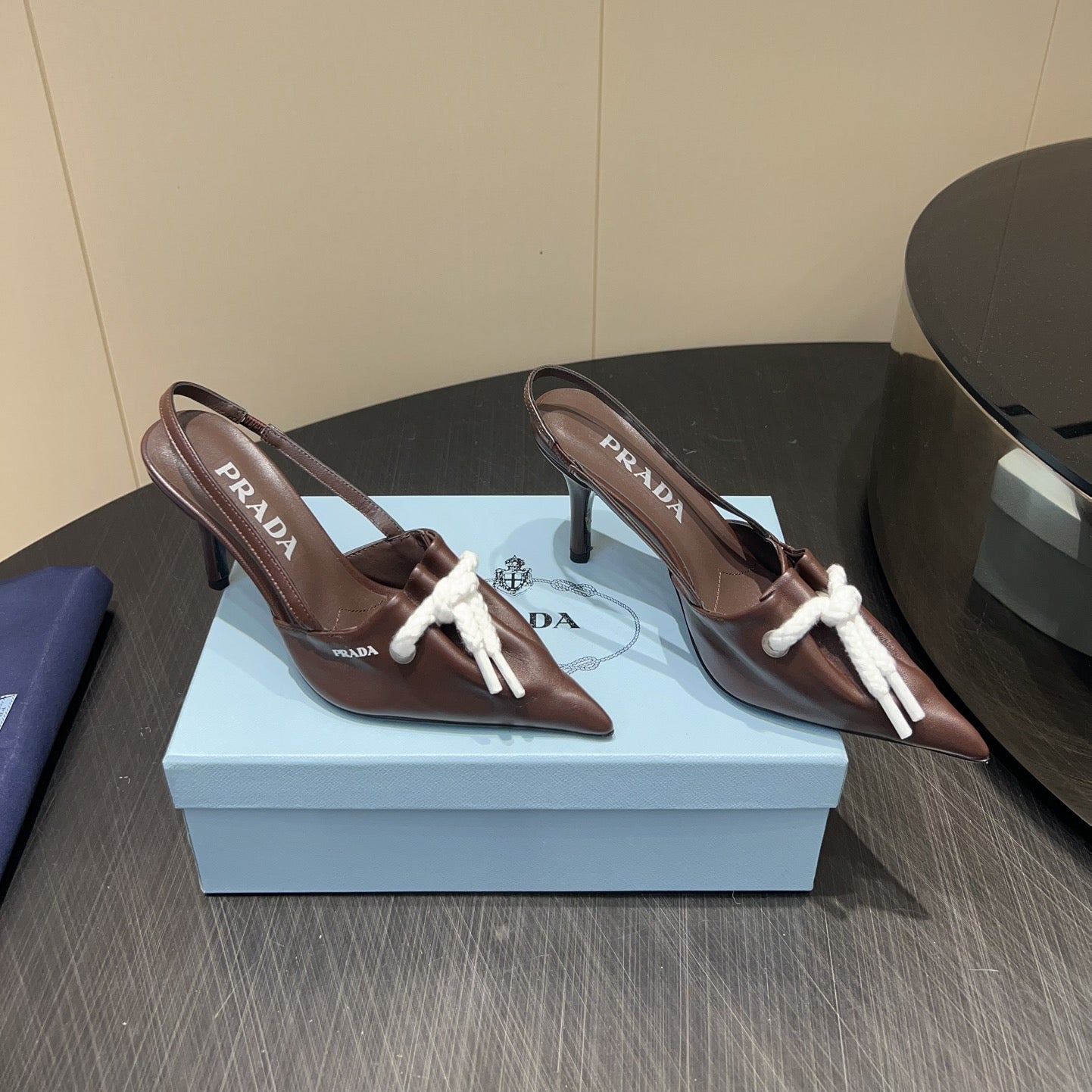 PRADA 25S POINTED TOE SLINGBACK 85MM IN DARK BROWN LAMBSKIN WITH TIE UP DESIGN - 35