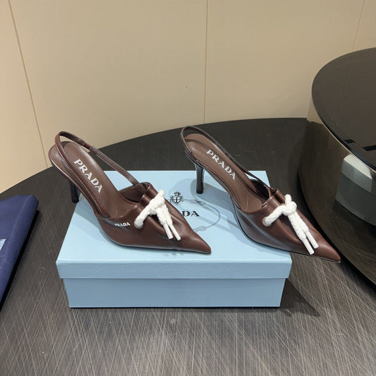 PRADA 25S POINTED TOE SLINGBACK 85MM IN DARK BROWN LAMBSKIN WITH TIE UP DESIGN - 35