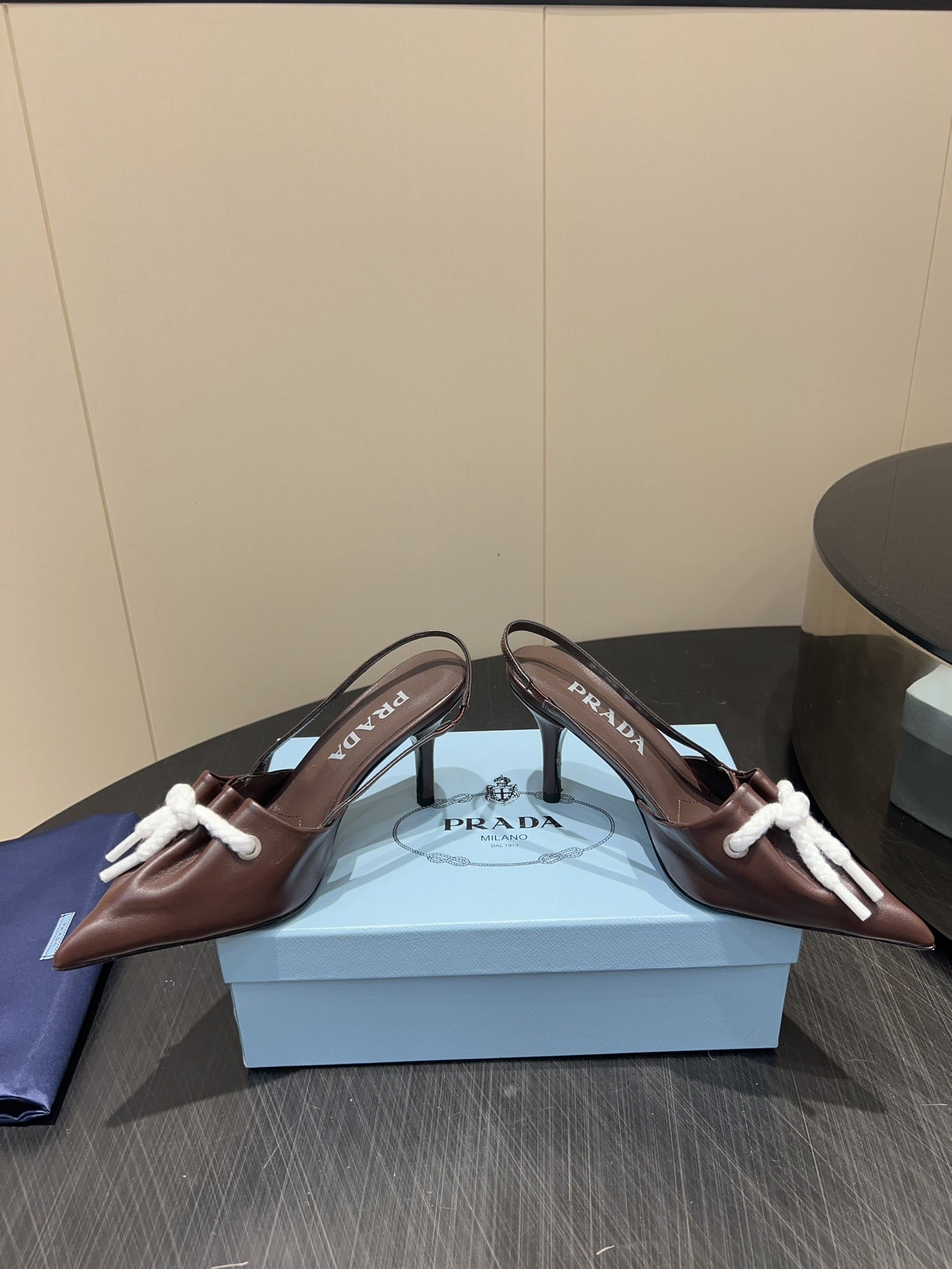 PRADA 25S POINTED TOE SLINGBACK 85MM IN DARK BROWN LAMBSKIN WITH TIE UP DESIGN - 35