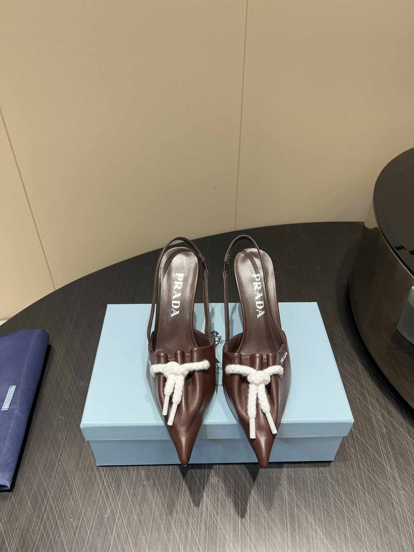 PRADA 25S POINTED TOE SLINGBACK 85MM IN DARK BROWN LAMBSKIN WITH TIE UP DESIGN - 35