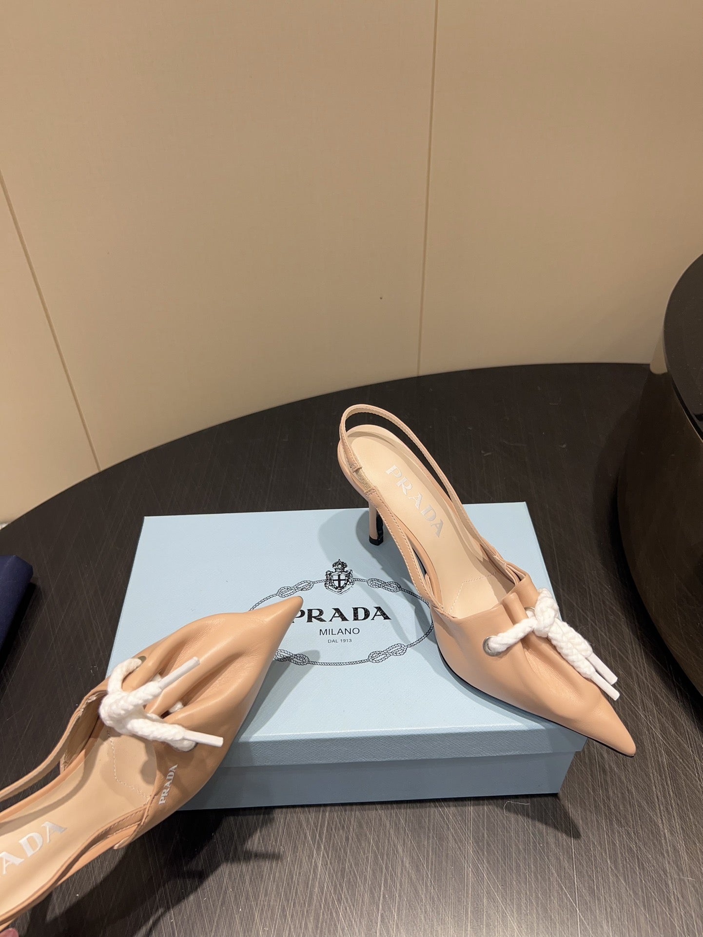 PRADA 25S POINTED TOE SLINGBACK 85MM IN BEIGE LAMBSKIN WITH TIE UP DESIGN - 35