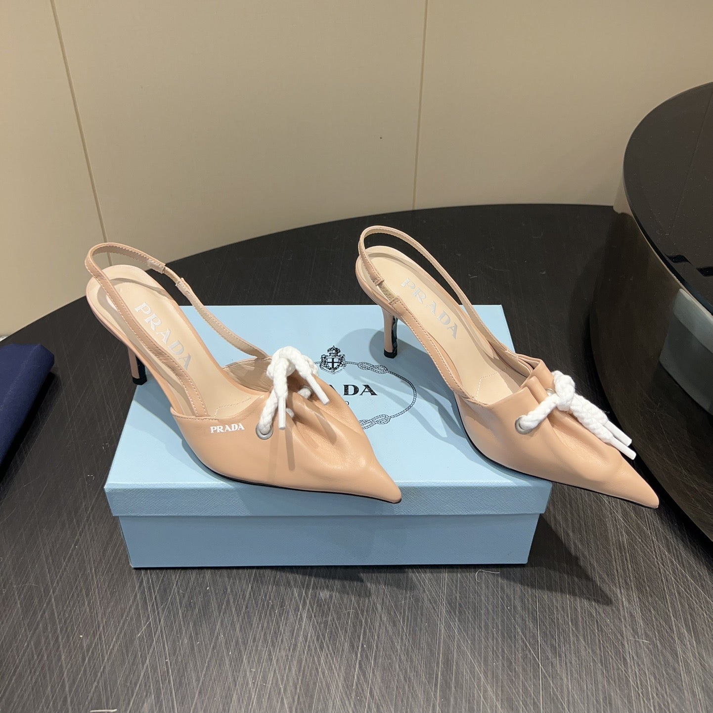 PRADA 25S POINTED TOE SLINGBACK 85MM IN BEIGE LAMBSKIN WITH TIE UP DESIGN - 35