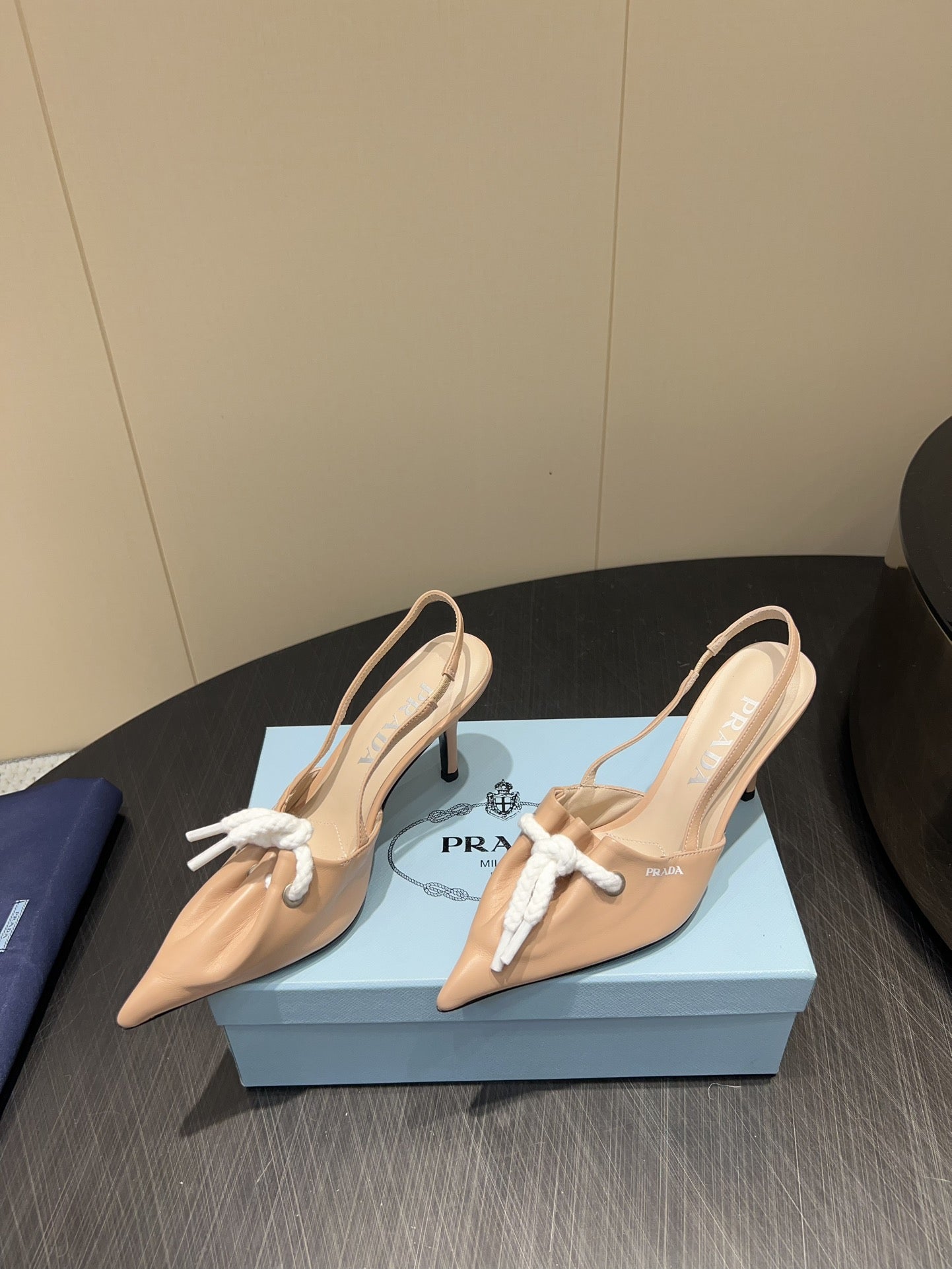 PRADA 25S POINTED TOE SLINGBACK 85MM IN BEIGE LAMBSKIN WITH TIE UP DESIGN - 35