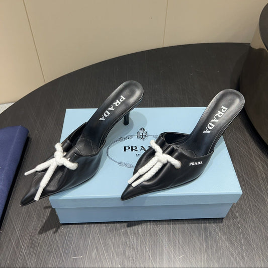PRADA 25S BRAIDED DETAIL MULES 85MM IN BLACK CALFSKIN - 35