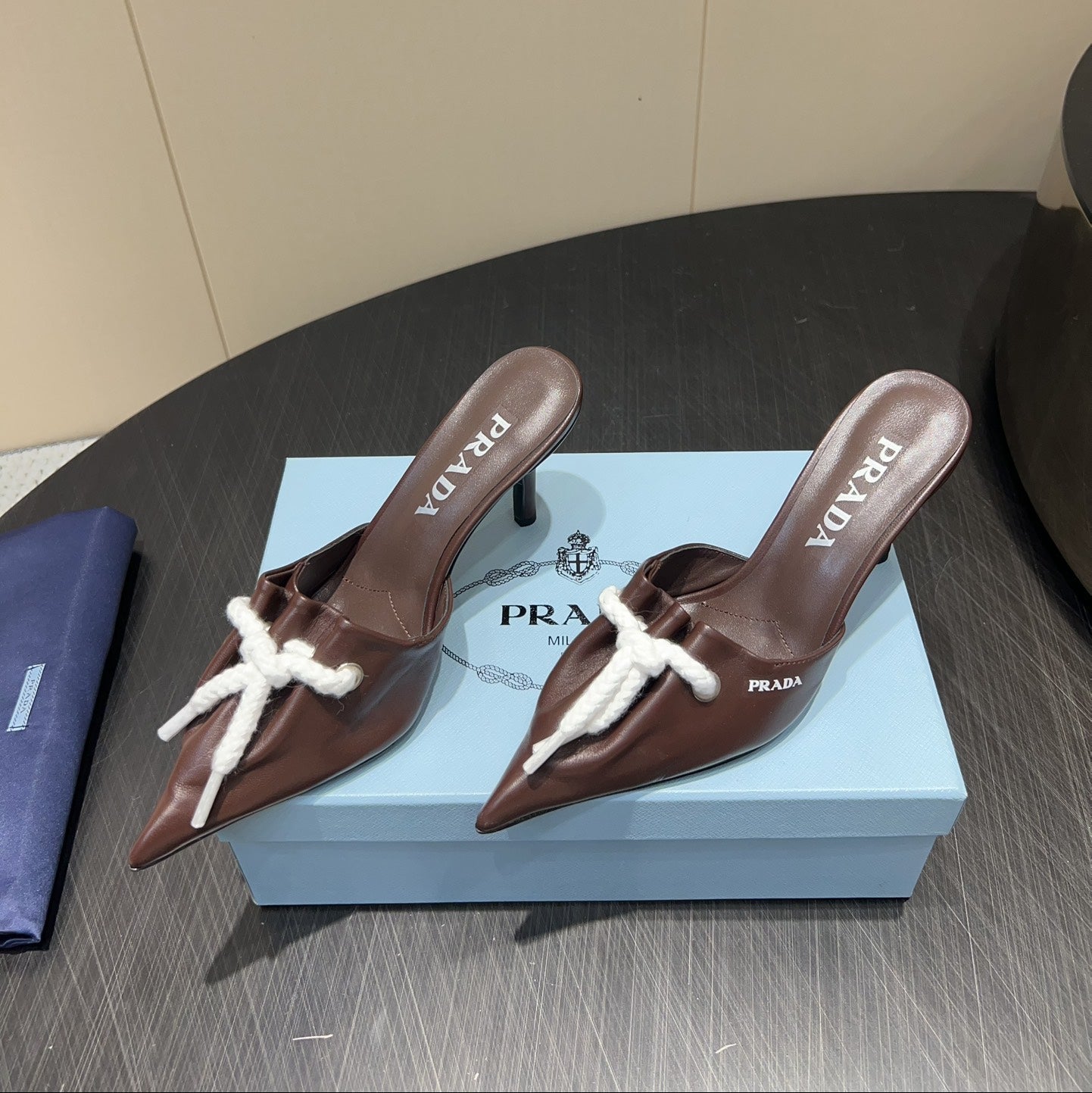 PRADA 25S BRAIDED DETAIL MULES 85MM IN DARK BROWN CALFSKIN - 35