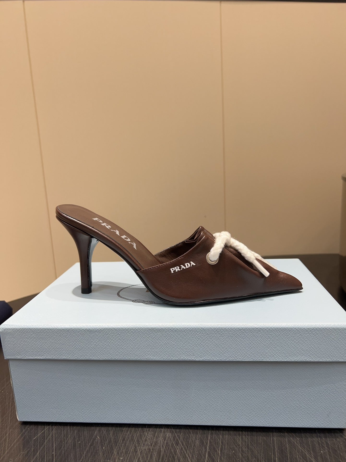 PRADA 25S BRAIDED DETAIL MULES 85MM IN DARK BROWN CALFSKIN - 35
