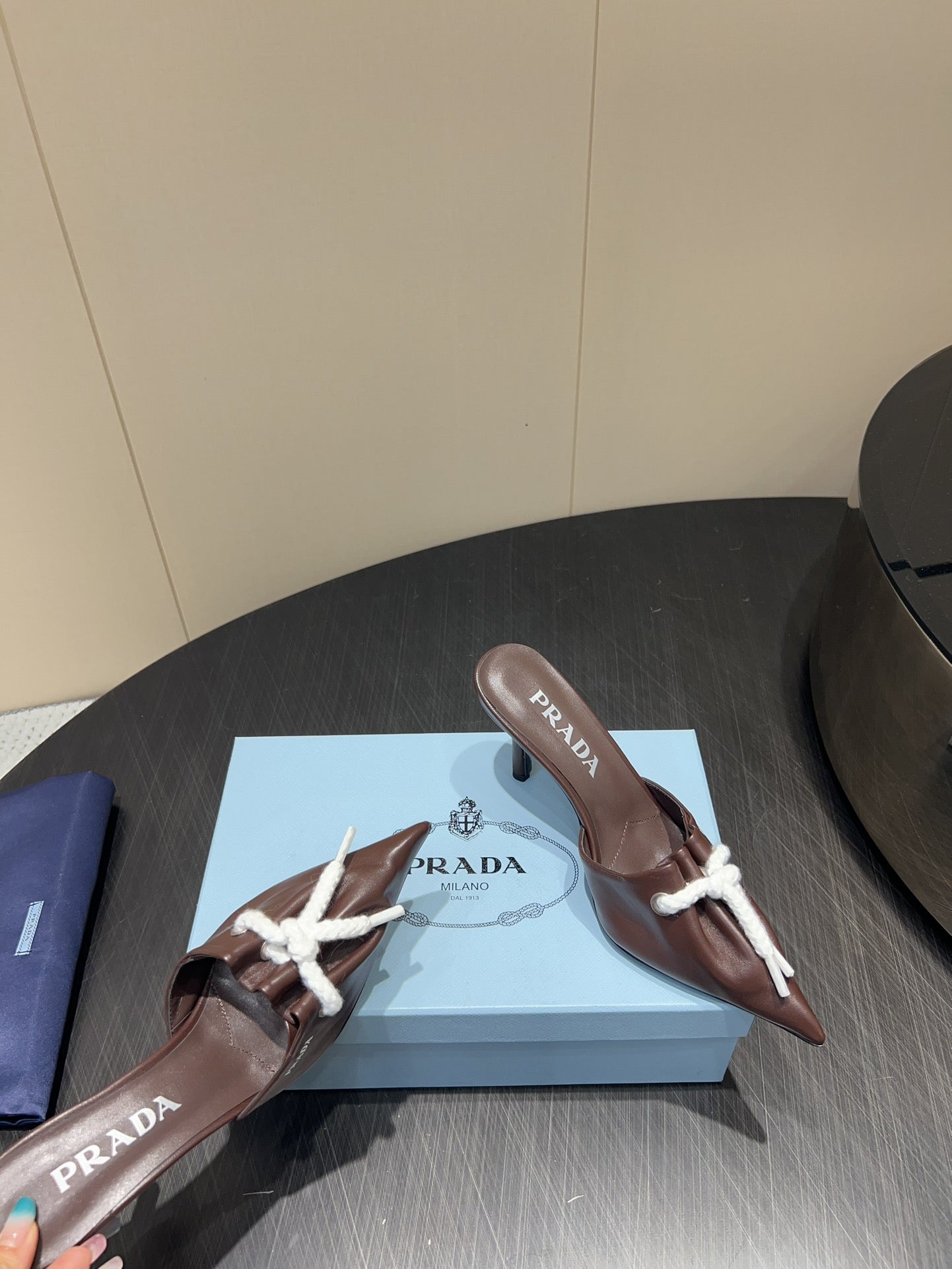 PRADA 25S BRAIDED DETAIL MULES 85MM IN DARK BROWN CALFSKIN - 35