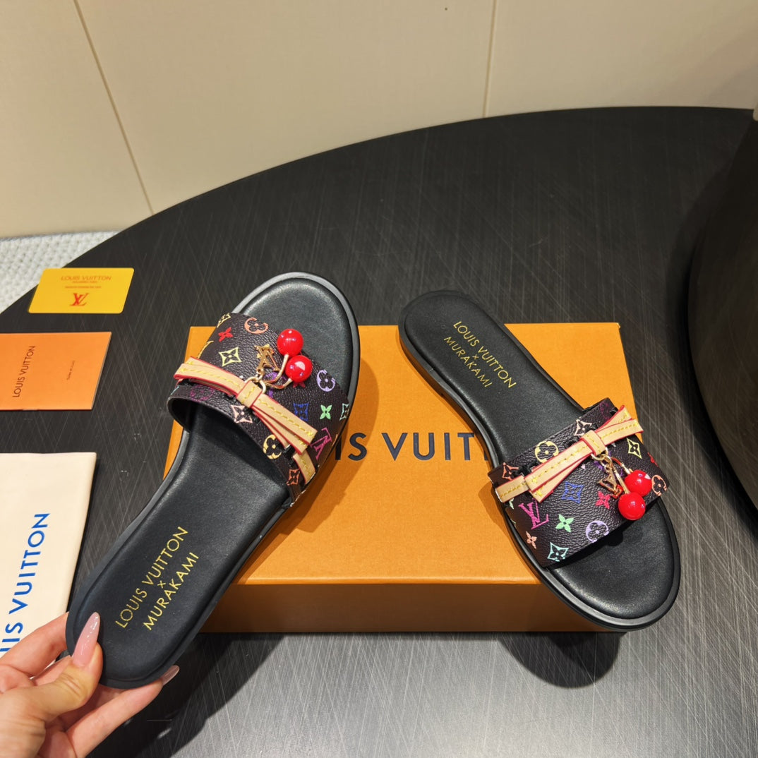 LV SLIDE SANDALS LOGO PRINT 25S IN BLACK CALFSKIN WITH CHERRY BLOSSOM BUCKLE - 35