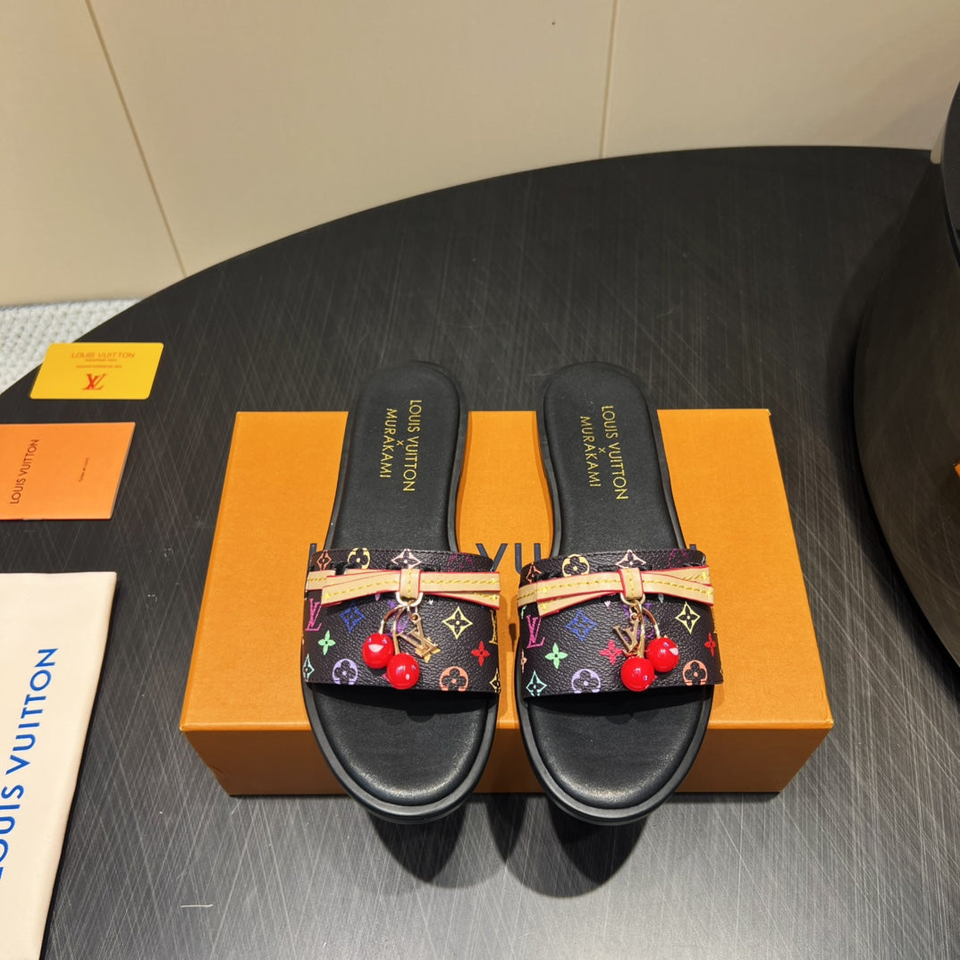 LV SLIDE SANDALS LOGO PRINT 25S IN BLACK CALFSKIN WITH CHERRY BLOSSOM BUCKLE - 35