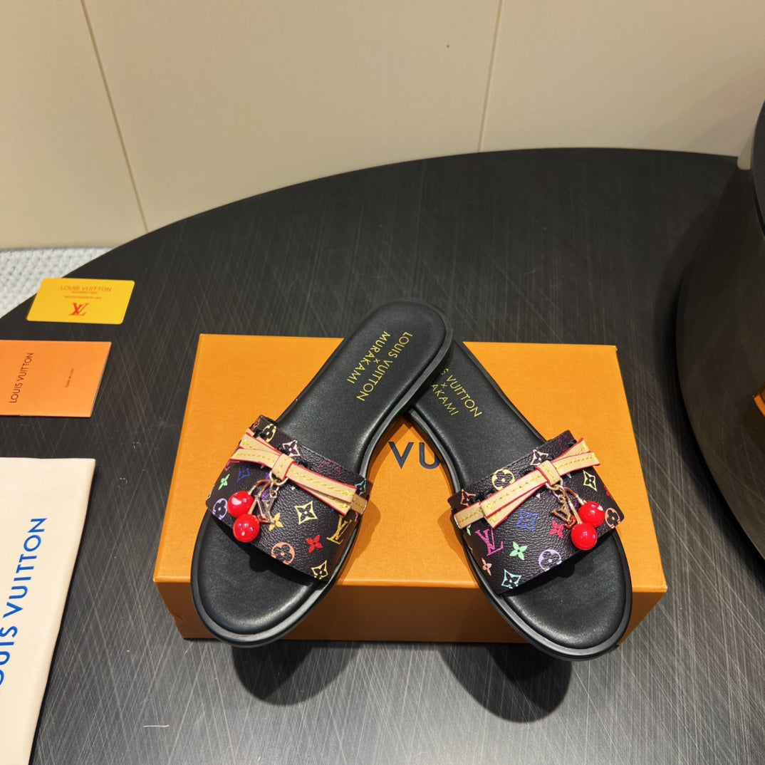 LV SLIDE SANDALS LOGO PRINT 25S IN BLACK CALFSKIN WITH CHERRY BLOSSOM BUCKLE - 35
