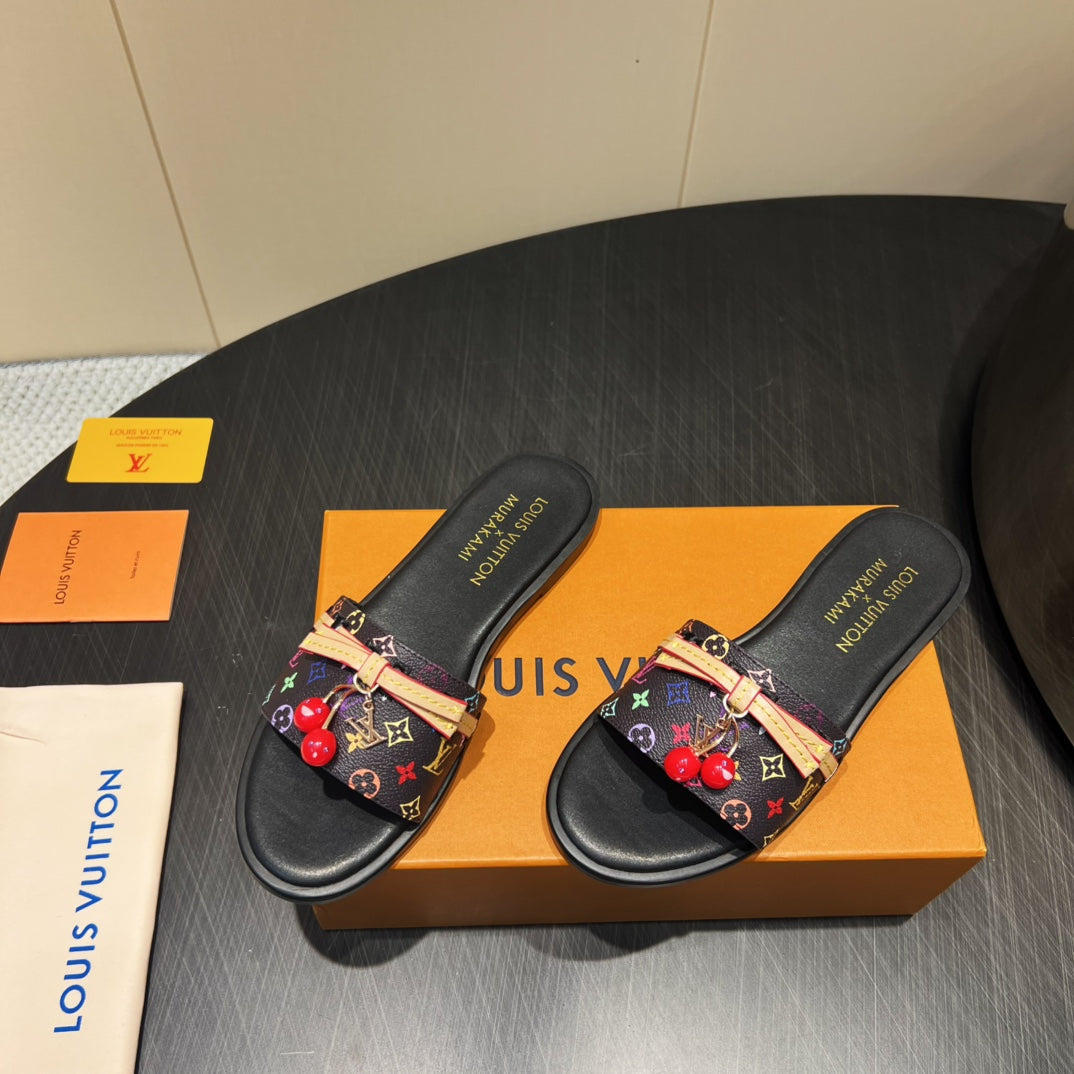 LV SLIDE SANDALS LOGO PRINT 25S IN BLACK CALFSKIN WITH CHERRY BLOSSOM BUCKLE - 35