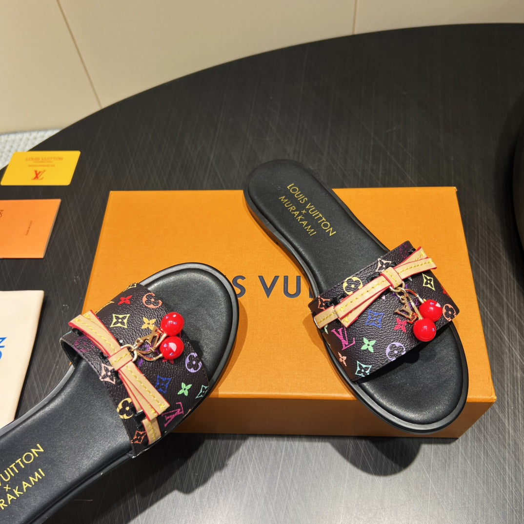 LV SLIDE SANDALS LOGO PRINT 25S IN BLACK CALFSKIN WITH CHERRY BLOSSOM BUCKLE - 35
