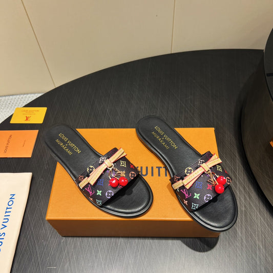 LV SLIDE SANDALS LOGO PRINT 25S IN BLACK CALFSKIN WITH CHERRY BLOSSOM BUCKLE - 35