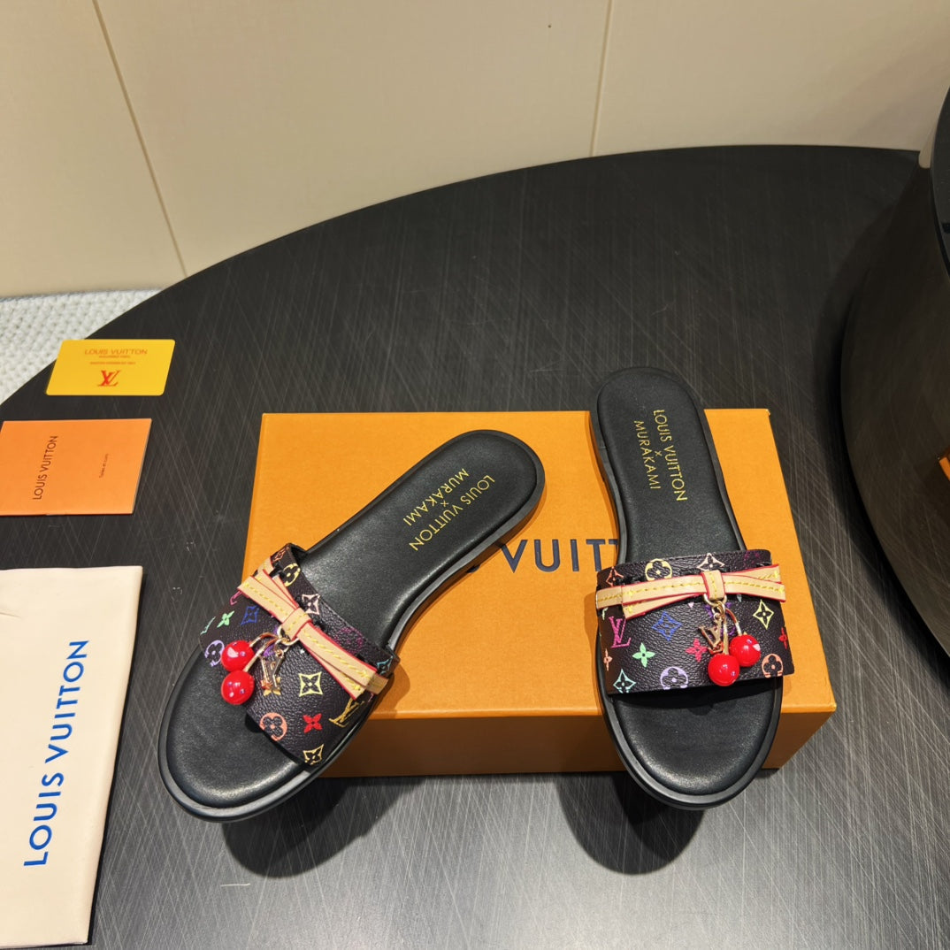 LV SLIDE SANDALS LOGO PRINT 25S IN BLACK CALFSKIN WITH CHERRY BLOSSOM BUCKLE - 35