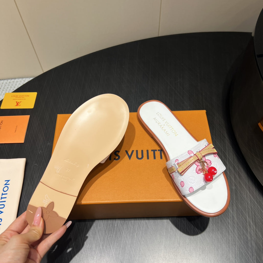 LV SLIDE SANDALS 25S IN WHITE CALFSKIN WITH CHERRY BLOSSOM BUCKLE - 35