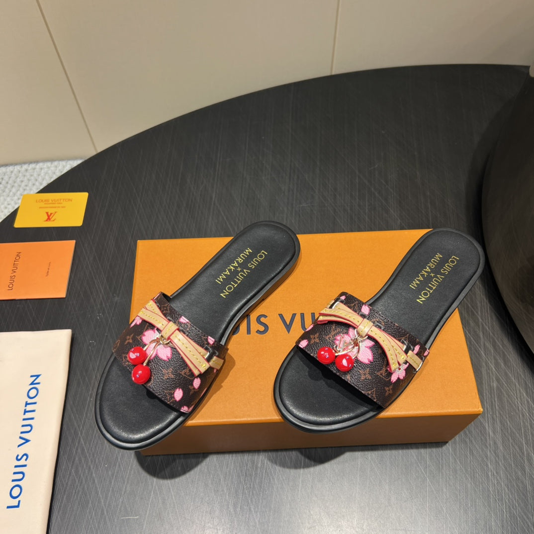 LV SLIDE SANDALS 25S IN DARK BROWN AND BLACK CALFSKIN WITH CHERRY BLOSSOM BUCKLE - 35