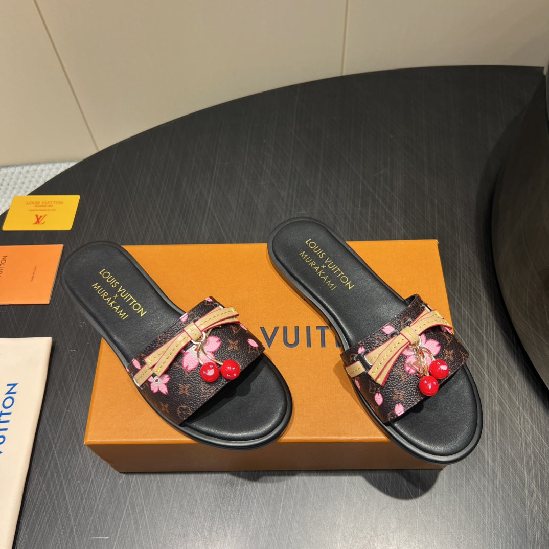 LV SLIDE SANDALS 25S IN DARK BROWN AND BLACK CALFSKIN WITH CHERRY BLOSSOM BUCKLE - 35