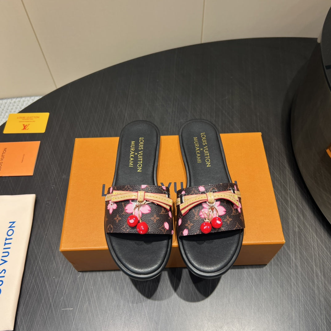 LV SLIDE SANDALS 25S IN DARK BROWN AND BLACK CALFSKIN WITH CHERRY BLOSSOM BUCKLE - 35