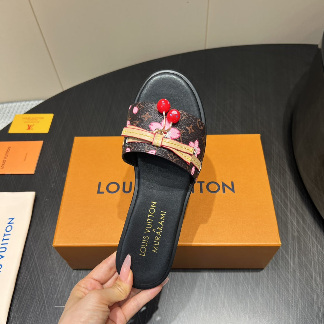 LV SLIDE SANDALS 25S IN DARK BROWN AND BLACK CALFSKIN WITH CHERRY BLOSSOM BUCKLE - 35