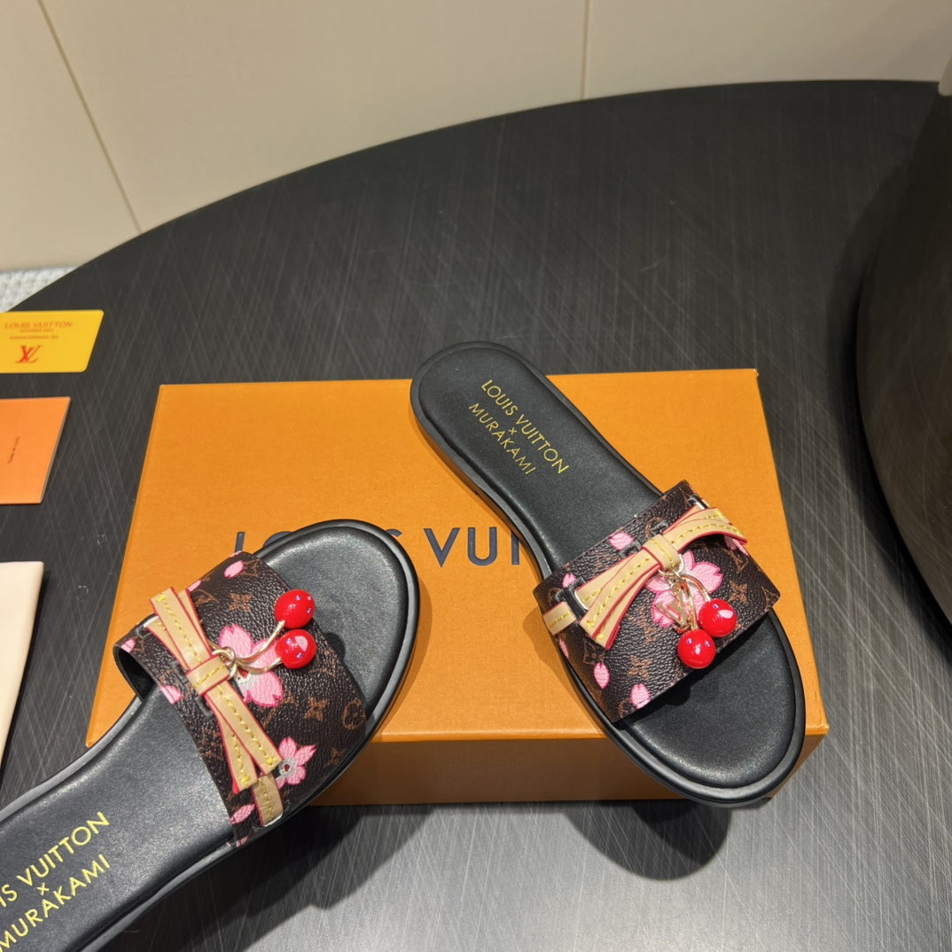 LV SLIDE SANDALS 25S IN DARK BROWN AND BLACK CALFSKIN WITH CHERRY BLOSSOM BUCKLE - 35