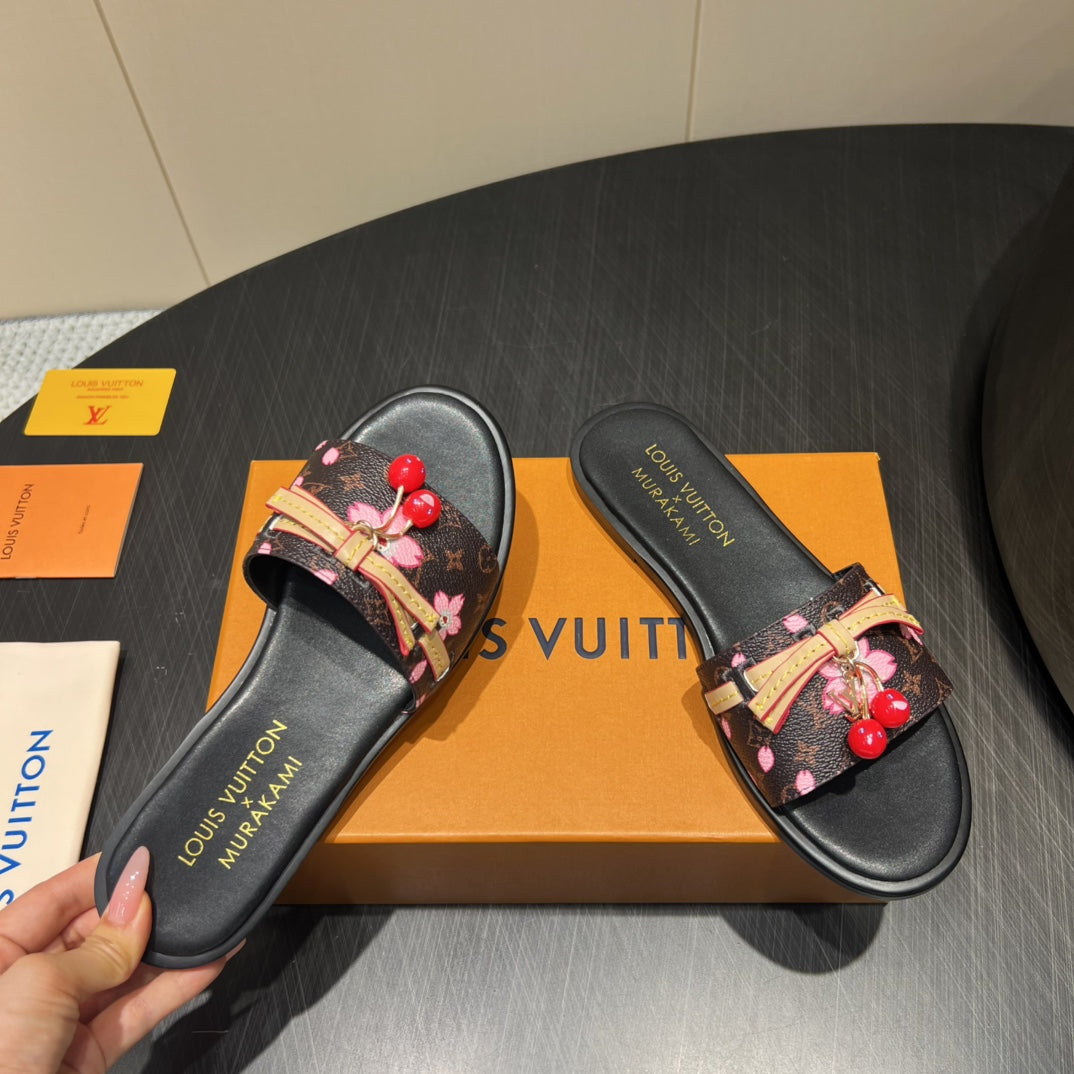LV SLIDE SANDALS 25S IN DARK BROWN AND BLACK CALFSKIN WITH CHERRY BLOSSOM BUCKLE - 35