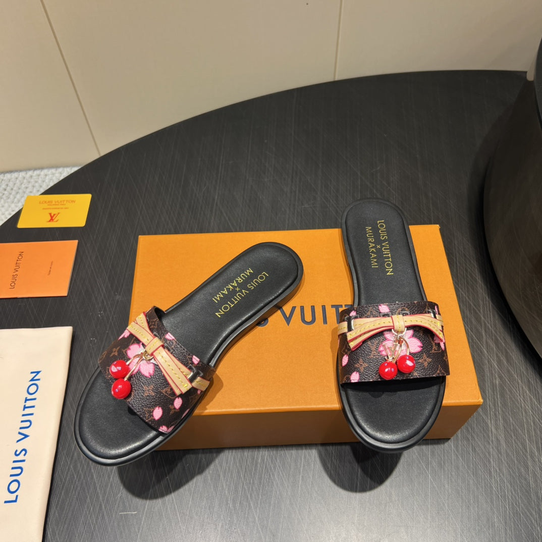 LV SLIDE SANDALS 25S IN DARK BROWN AND BLACK CALFSKIN WITH CHERRY BLOSSOM BUCKLE - 35