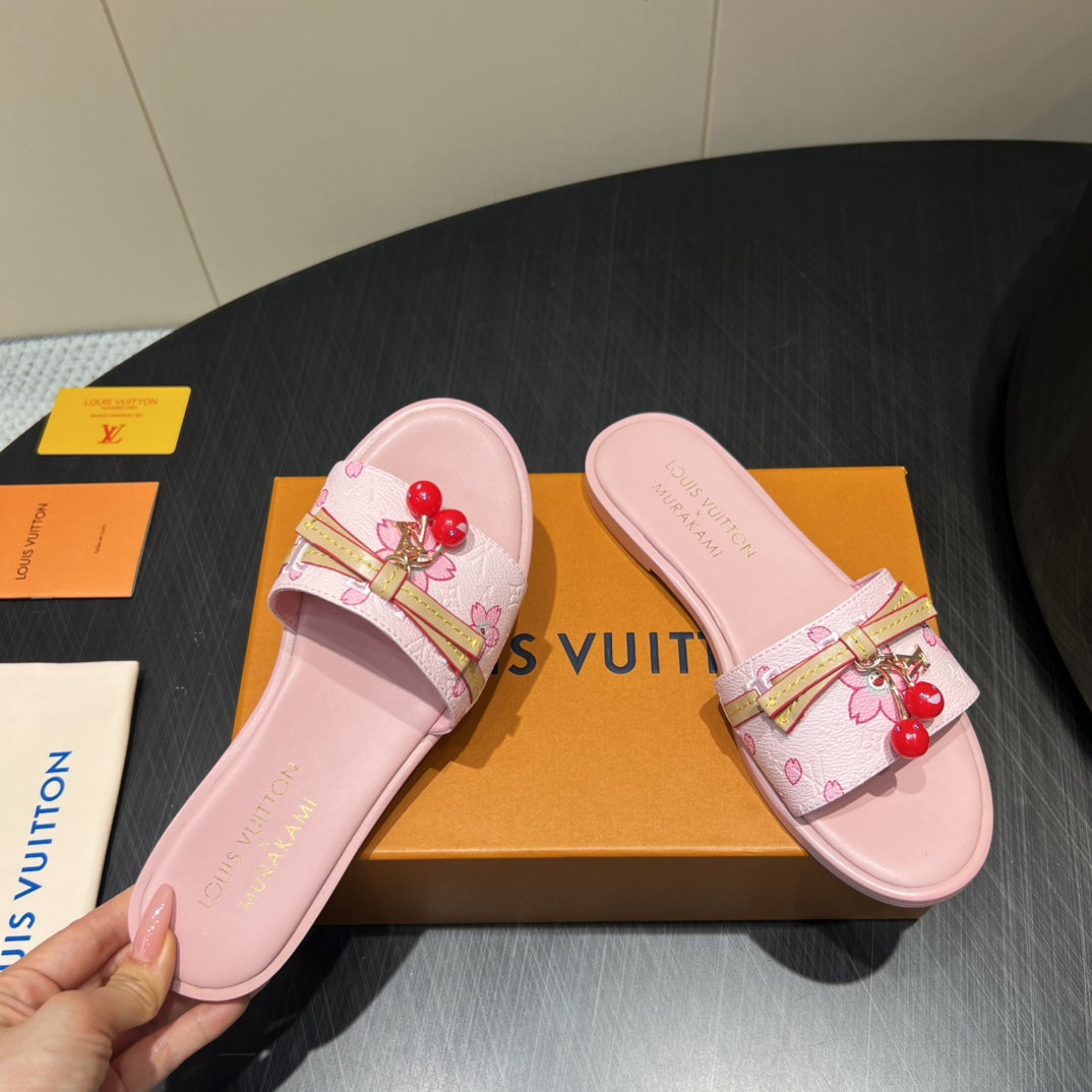 LV SLIDE SANDALS 25S IN LIGHT PINK CALFSKIN WITH CHERRY BLOSSOM BUCKLE - 35