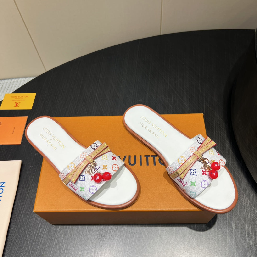 LV SLIDE SANDALS LOGO PRINT 25S IN WHITE CALFSKIN WITH CHERRY BLOSSOM BUCKLE - 35