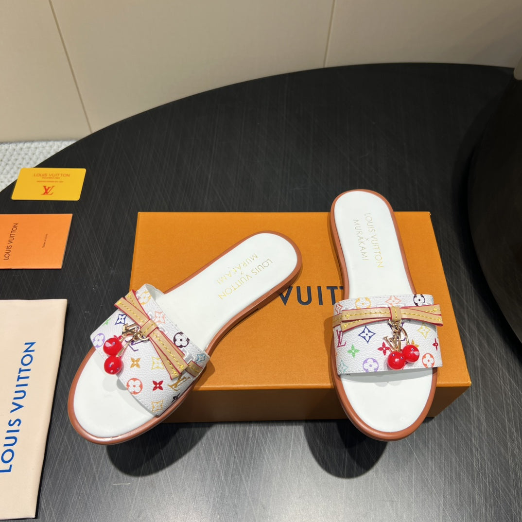 LV SLIDE SANDALS LOGO PRINT 25S IN WHITE CALFSKIN WITH CHERRY BLOSSOM BUCKLE - 35