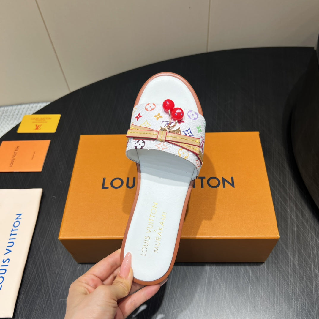 LV SLIDE SANDALS LOGO PRINT 25S IN WHITE CALFSKIN WITH CHERRY BLOSSOM BUCKLE - 35