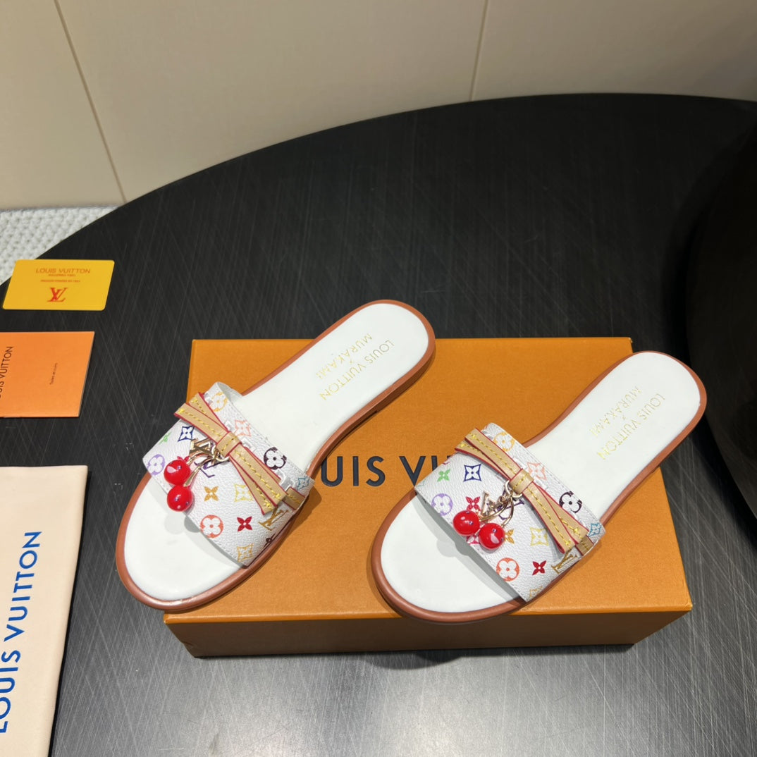 LV SLIDE SANDALS LOGO PRINT 25S IN WHITE CALFSKIN WITH CHERRY BLOSSOM BUCKLE - 35