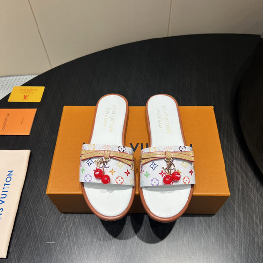 LV SLIDE SANDALS LOGO PRINT 25S IN WHITE CALFSKIN WITH CHERRY BLOSSOM BUCKLE - 35