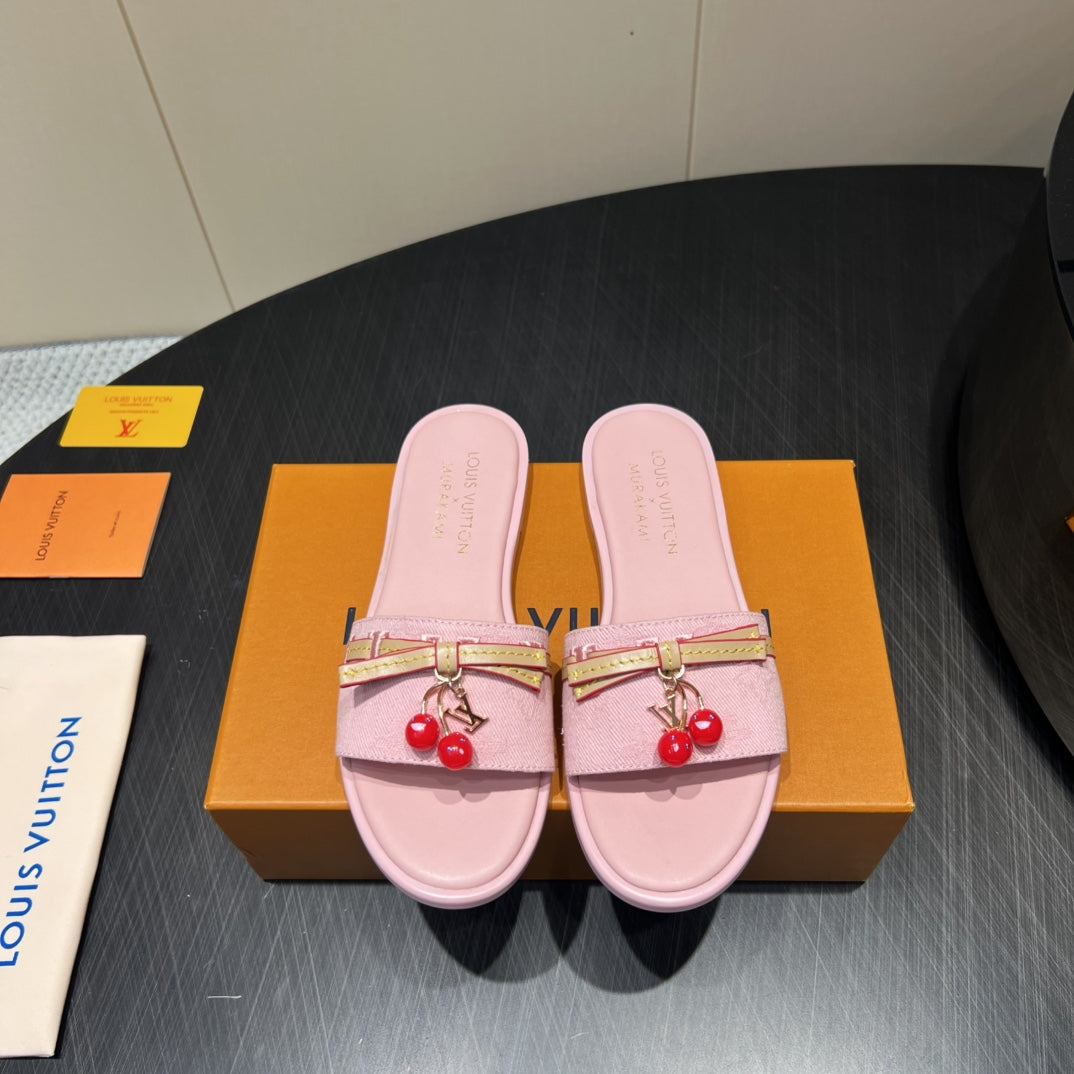 LV SLIDE SANDALS 25S IN BABY PINK DENIM AND CALFSKIN WITH CHERRY BLOSSOM BUCKLE - 35