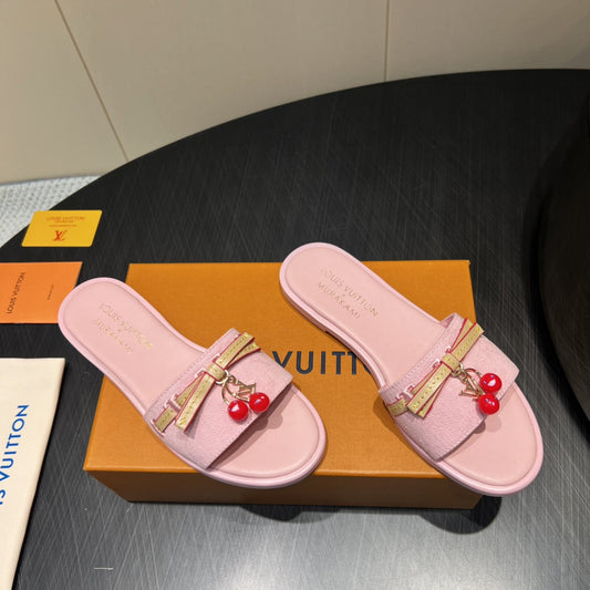 LV SLIDE SANDALS 25S IN BABY PINK DENIM AND CALFSKIN WITH CHERRY BLOSSOM BUCKLE - 35